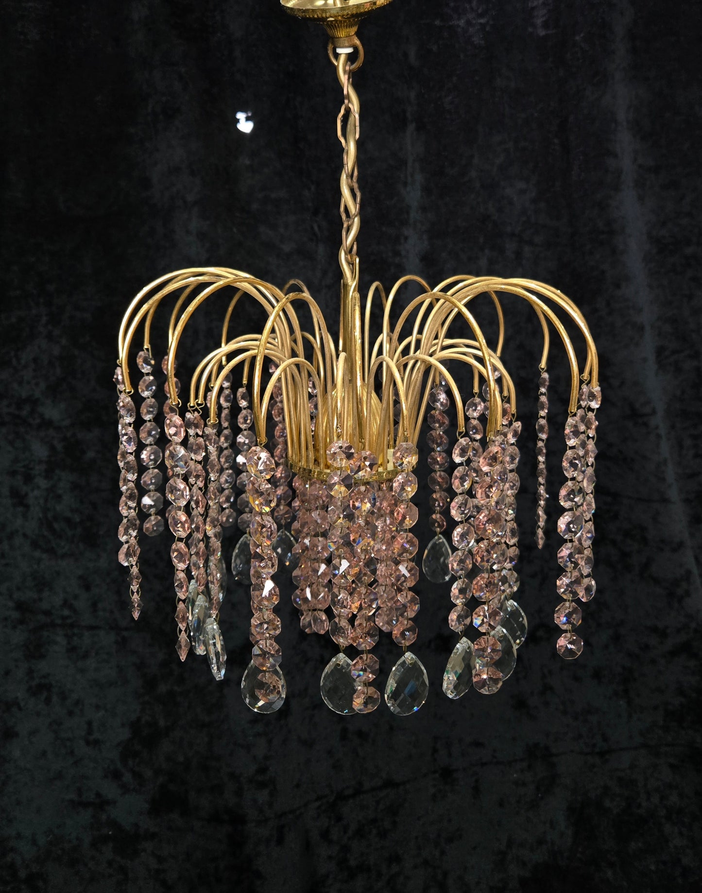 Very Pretty Vintage Italian 1 Light Cascading Pink and Clear Crystal Chandelier (3 for sale)