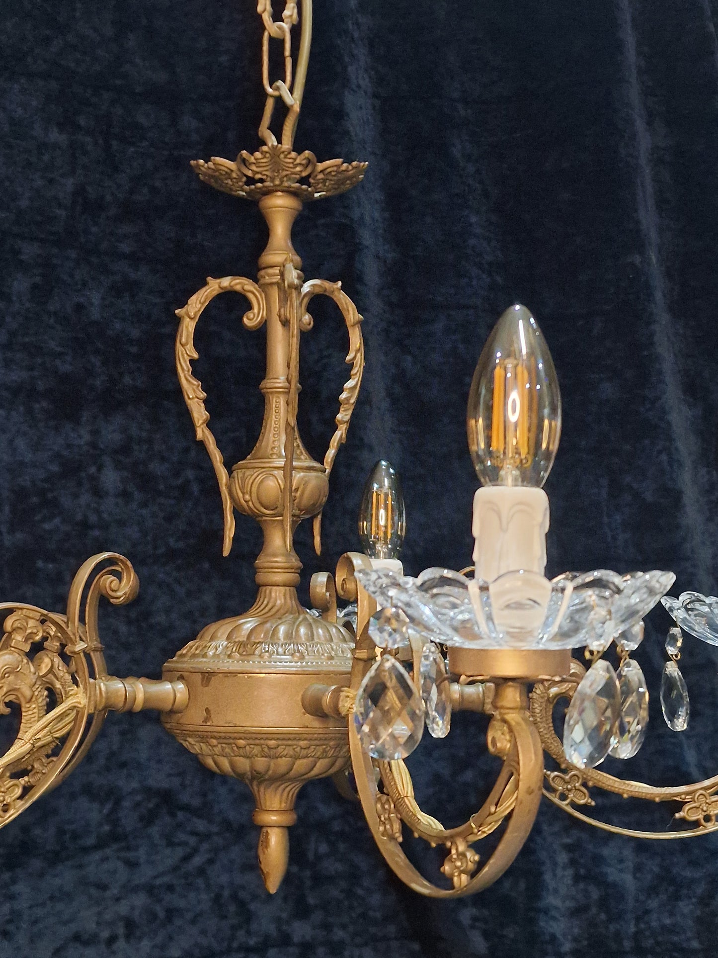 Beautiful 5 Arm Vintage Italian Brass and Crystal Dolphin Chandelier Light