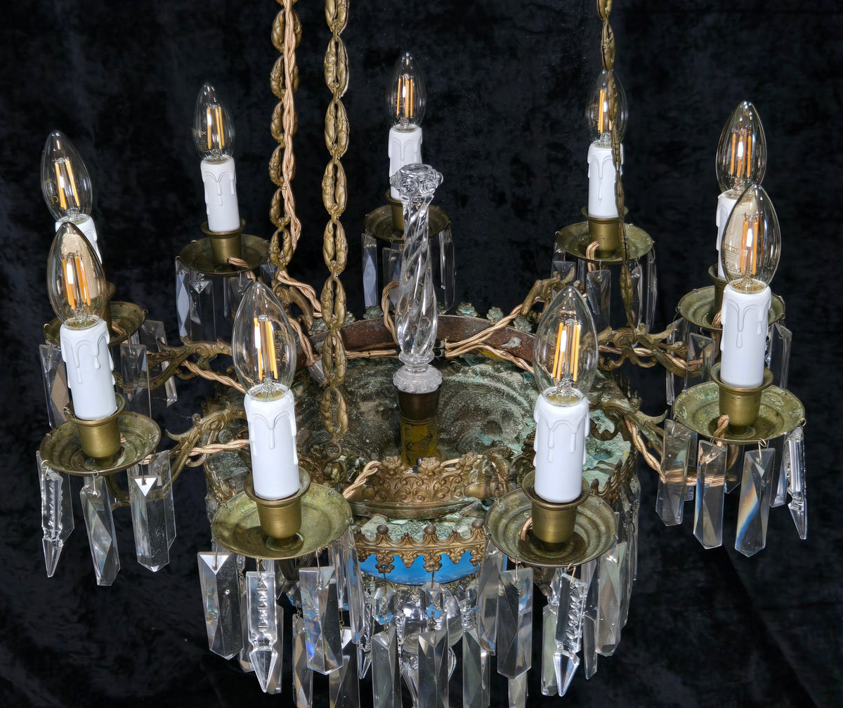 Exceptional Antique French Late 1800s 9 Arm Brass Blue Glass Crystal Chandelier