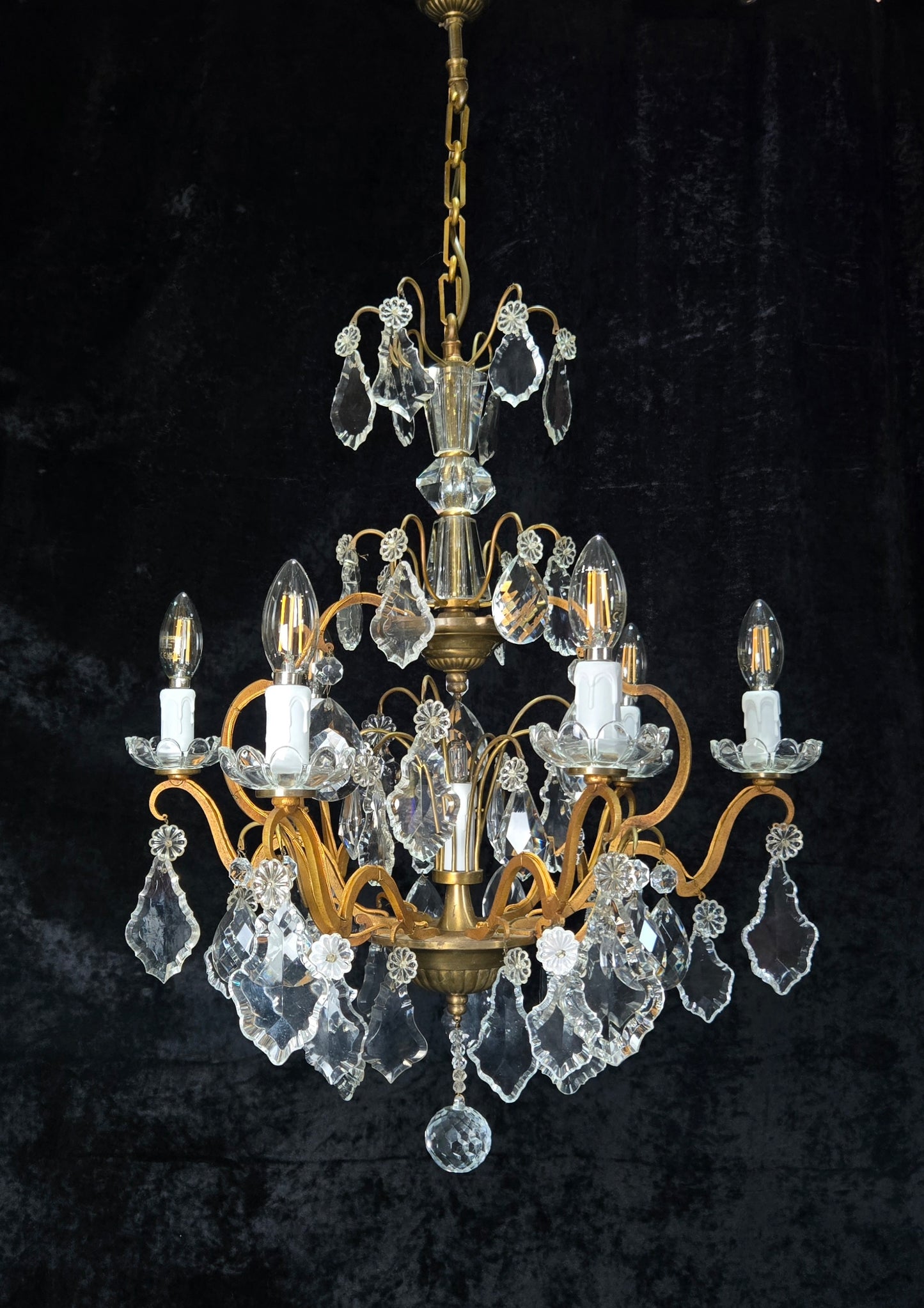 Gorgeous Antique French 6 Arm 7 Light Brass Bronze Cage Crystal Chandelier Light