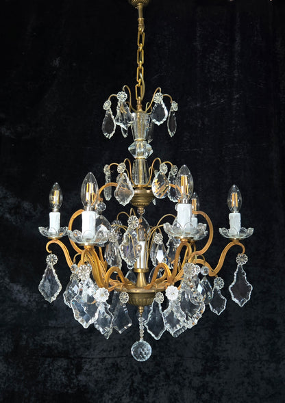 Gorgeous Antique French 6 Arm 7 Light Brass Bronze Cage Crystal Chandelier Light