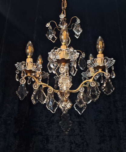 Gorgeous Antique French 6 Arm 2 Tier Brass and Crystal Chandelier Ceiling Light