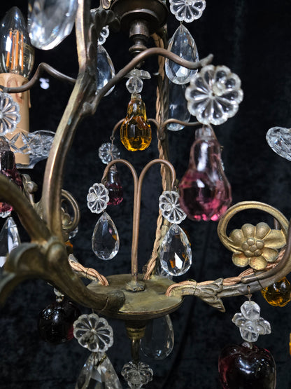 Exquisite Antique French 2 Arm Caged Murano Crystal Brass Chandelier Light