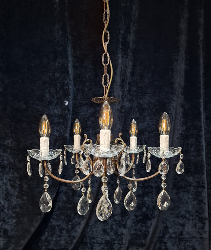 Lovely Elegant Vintage Italian 5 Arm Brass Crystal Chandelier Ceiling Light