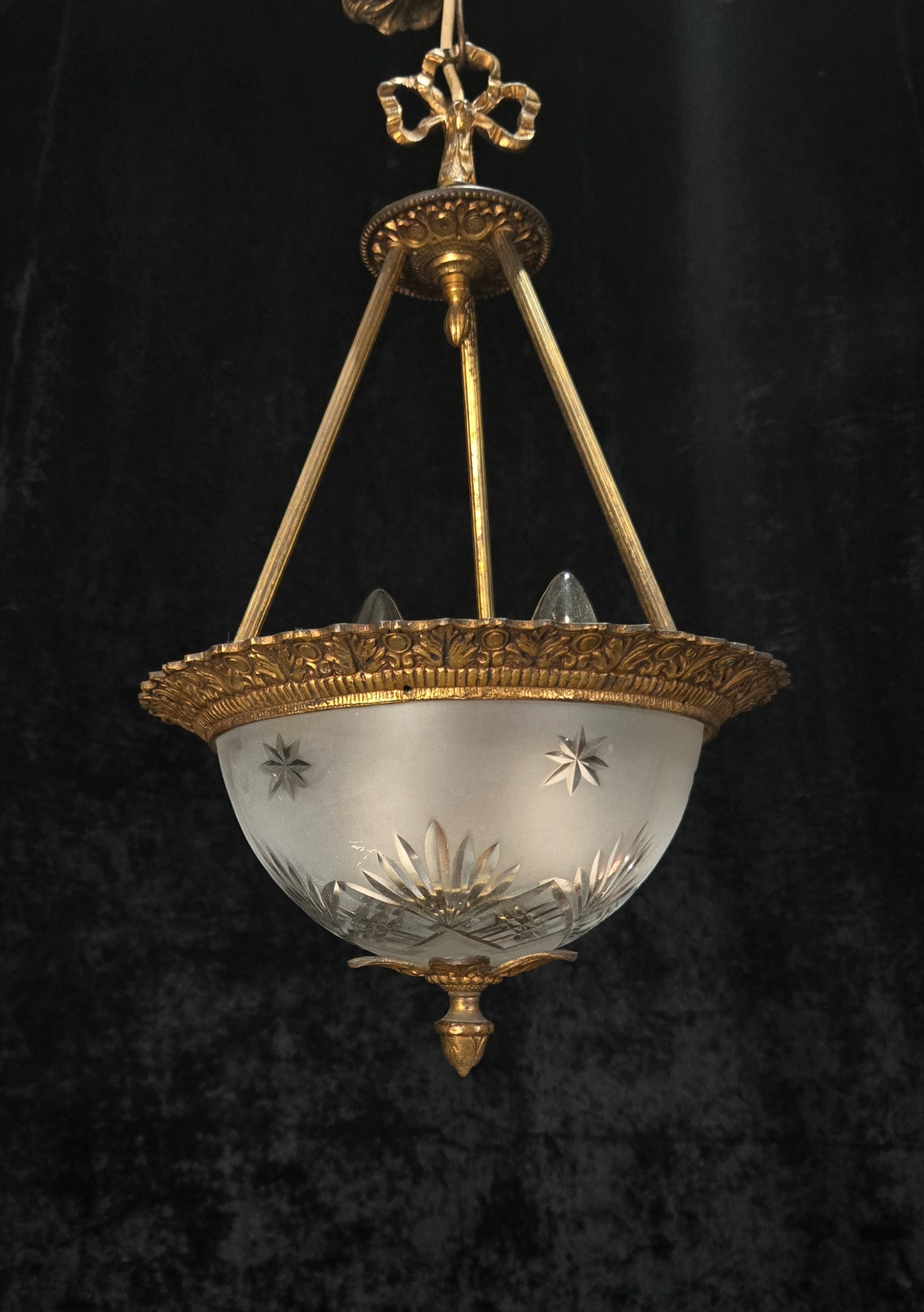 Lovely Vintage Brass Cut Glass Starburst 2 Light Spanish Lantern Chandelier