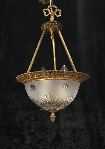 Lovely Vintage Brass Cut Glass Starburst 2 Light Spanish Lantern Chandelier