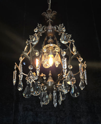 Elegant Vintage Italian 1 Light Cage Crystal Brass Chandelier Ceiling Light
