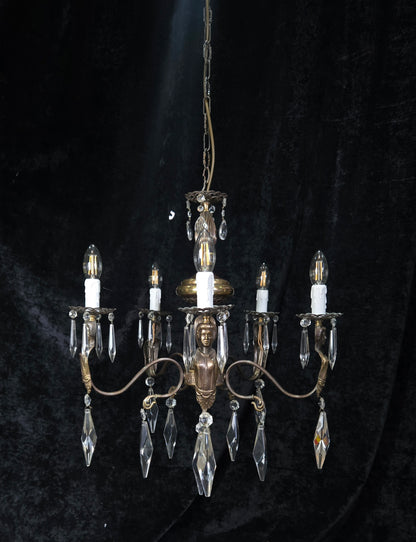 Classical Vintage Italian 5 Arm Crystal Brass Lady Figures Chandelier Light