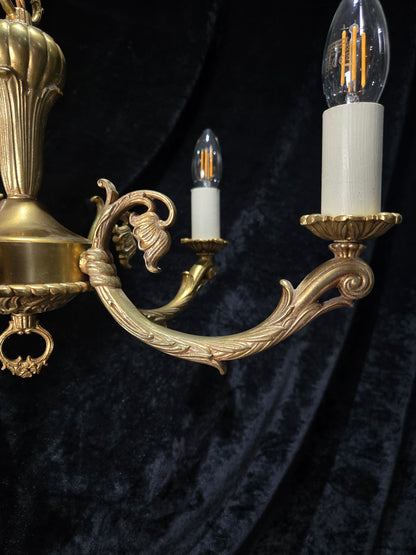 Traditional Vintage French 5 Arm Heavy Brass Flower Bud Chandelier ceiling Light
