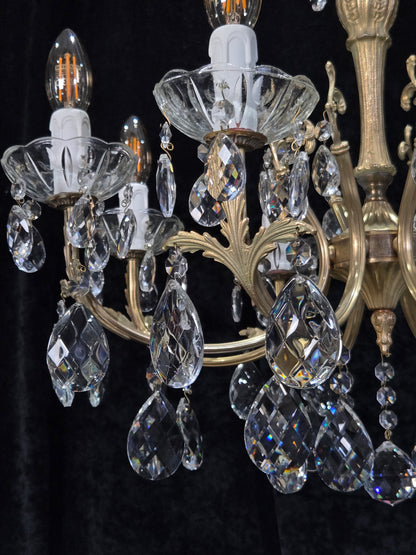 Elegant Vintage Italian 8 Arm Brass Crystal Leaf Chandelier Ceiling Light
