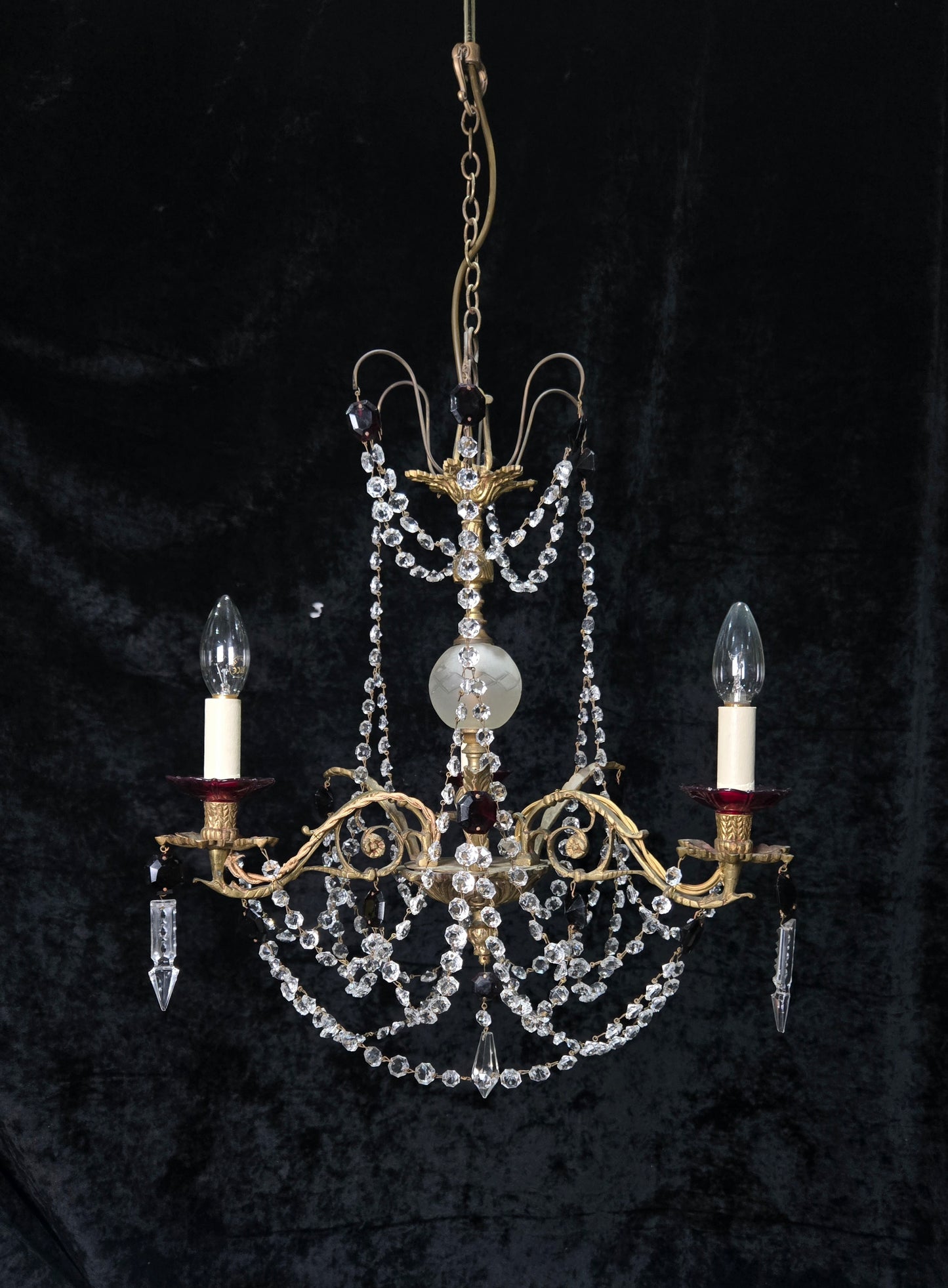 Stunning Antique French 3 Arm Glass Garnet Crystal Chandelier Ceiling Light