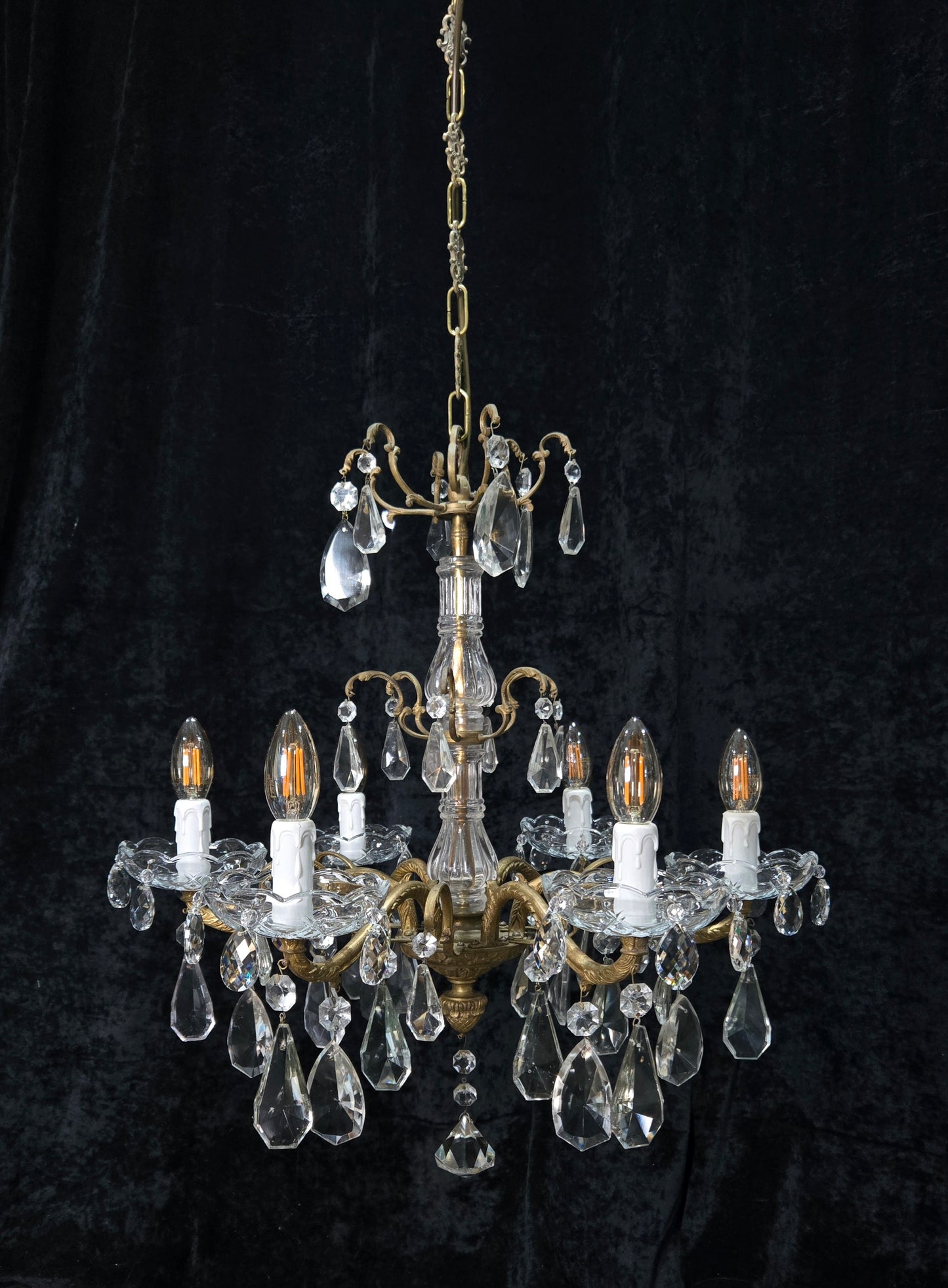 Fabulous Antique French 6 Arm Brass 2 Tier Crystal Chandelier Ceiling Light