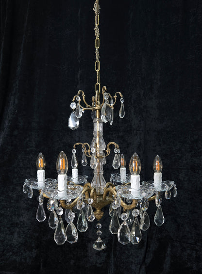 Fabulous Antique French 6 Arm Brass 2 Tier Crystal Chandelier Ceiling Light