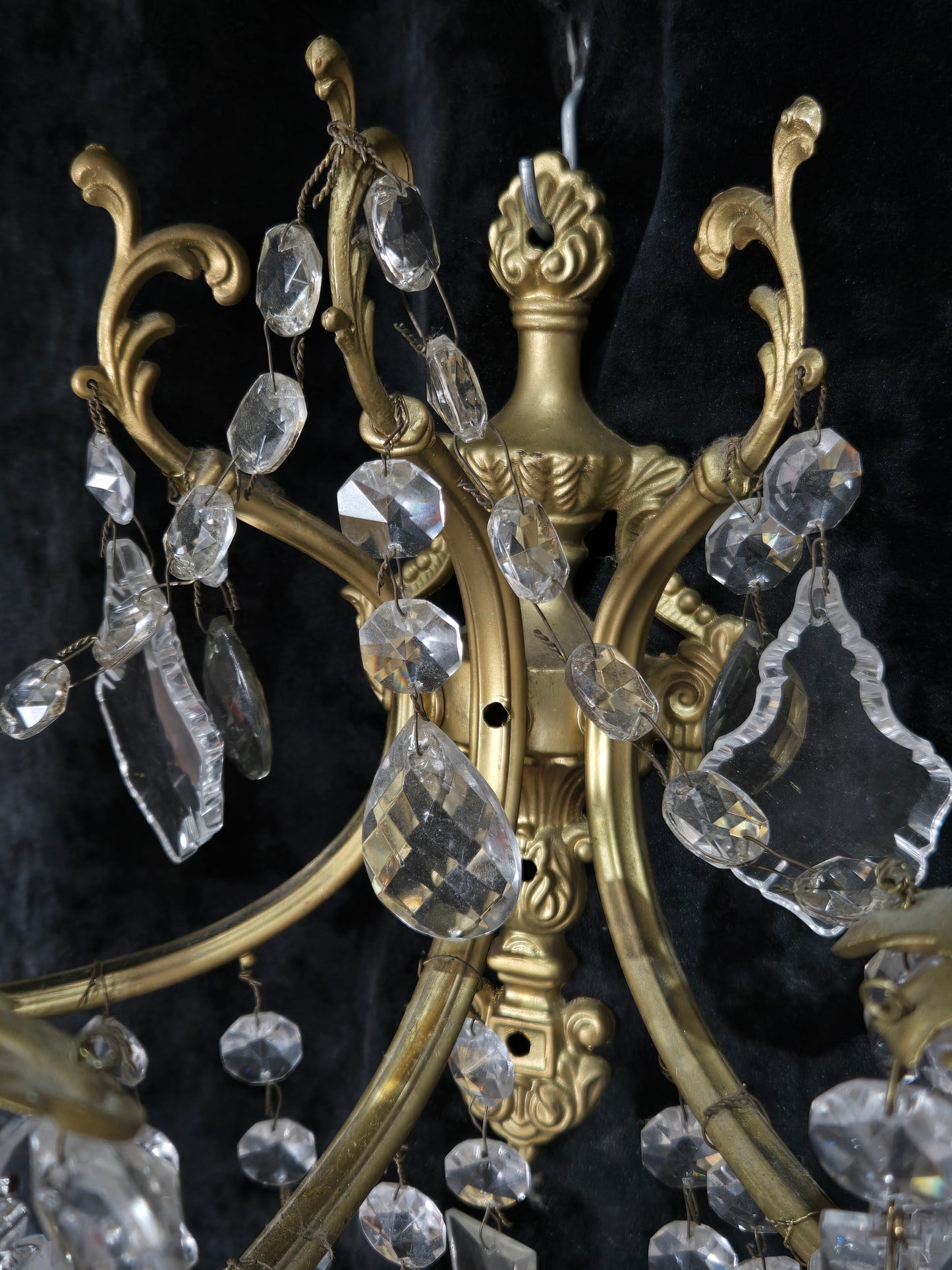 Superb Pair Large Vintage Italian Gilded Brass 3 Arm Candle Crystal Wall Lights