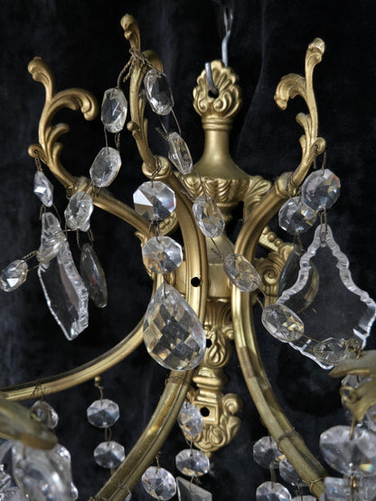 Superb Pair Large Vintage Italian Gilded Brass 3 Arm Candle Crystal Wall Lights