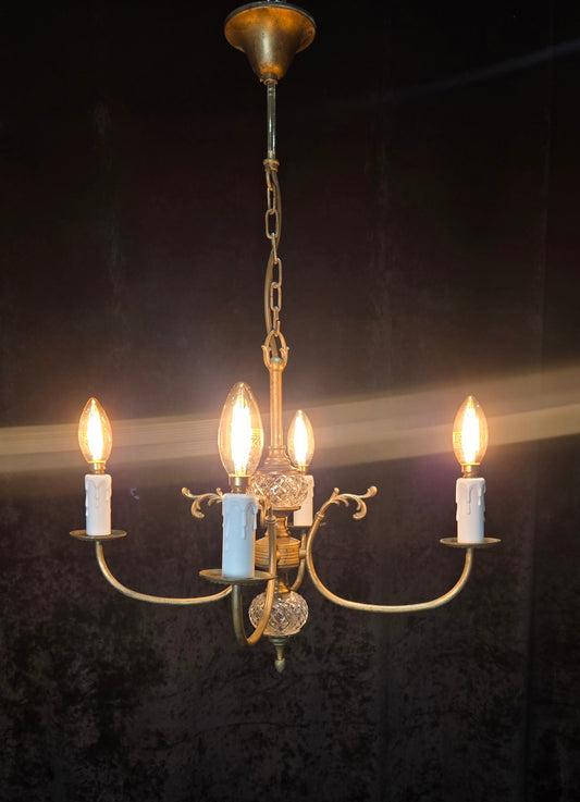Classical Vintage French 4 Arm Lacquered Brass Crystal Chandelier Ceiling Light
