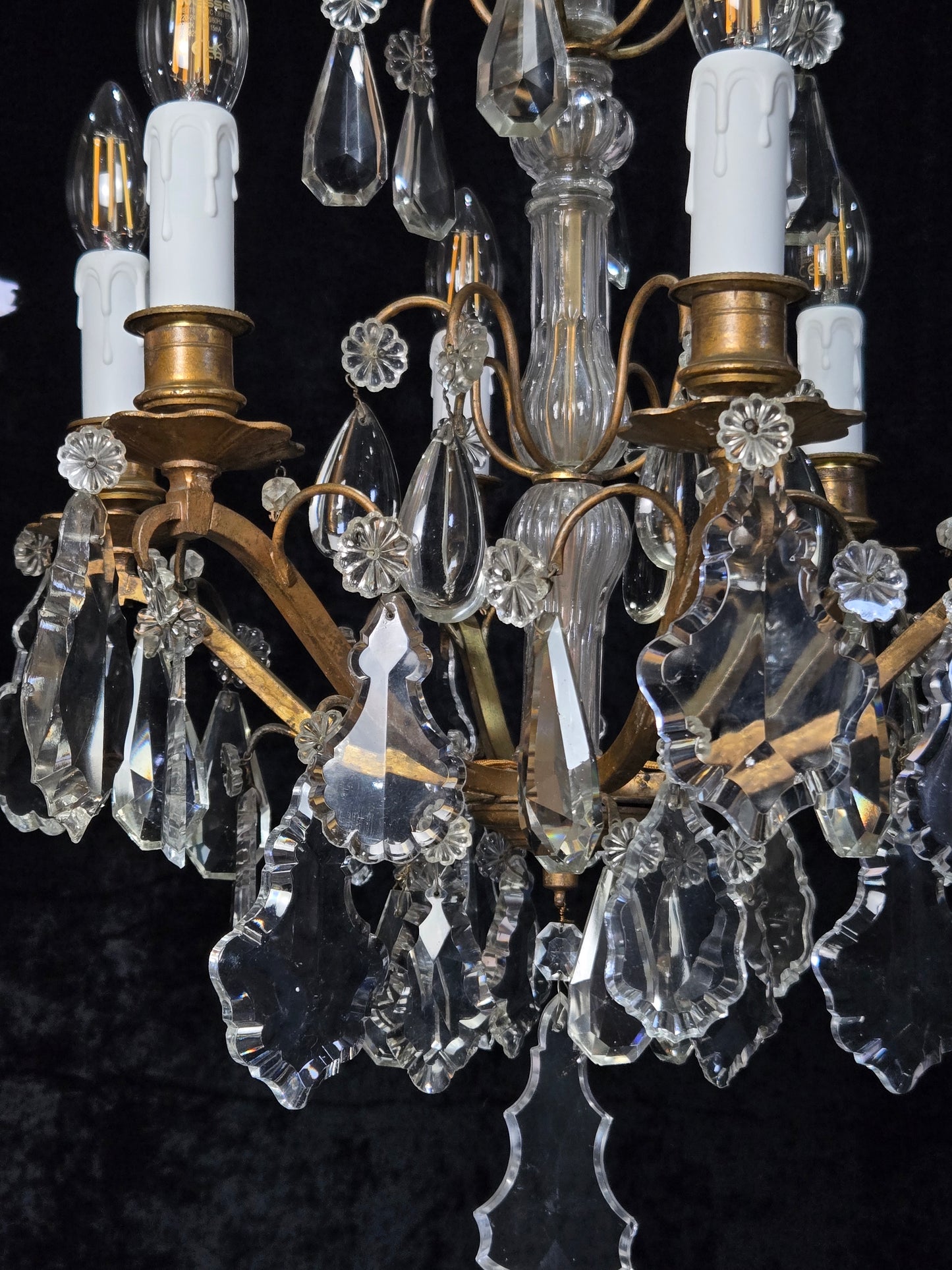 Traditional Tall Antique French 6 Arm Brass Crystal 3 Tier Chandelier Light