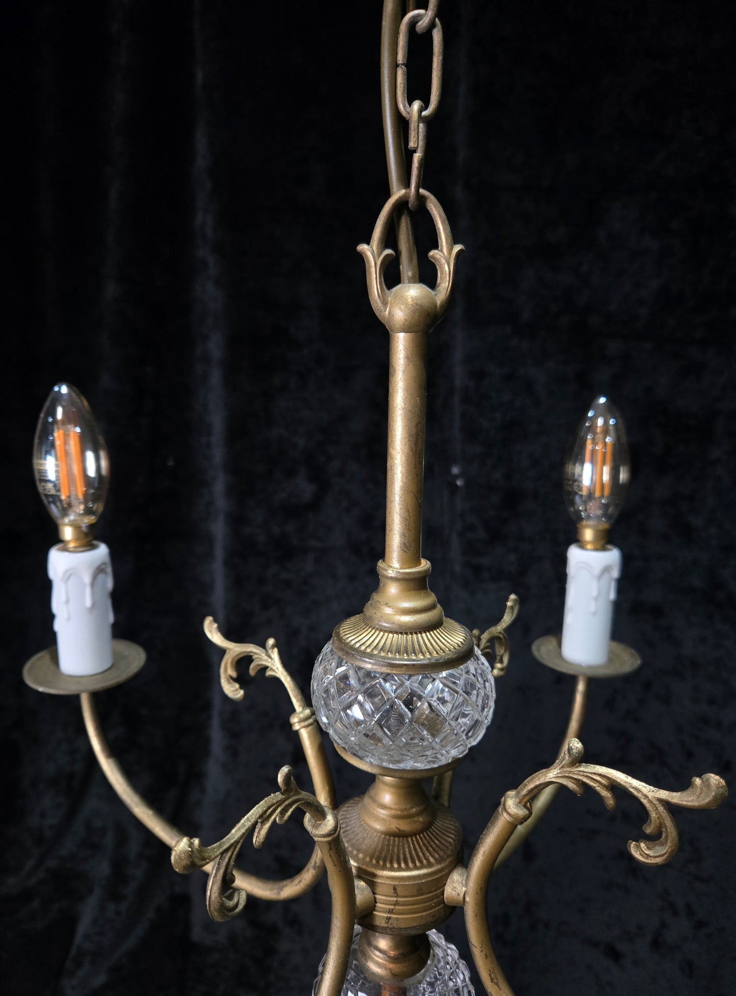 Classical Vintage French 4 Arm Lacquered Brass Crystal Chandelier Ceiling Light