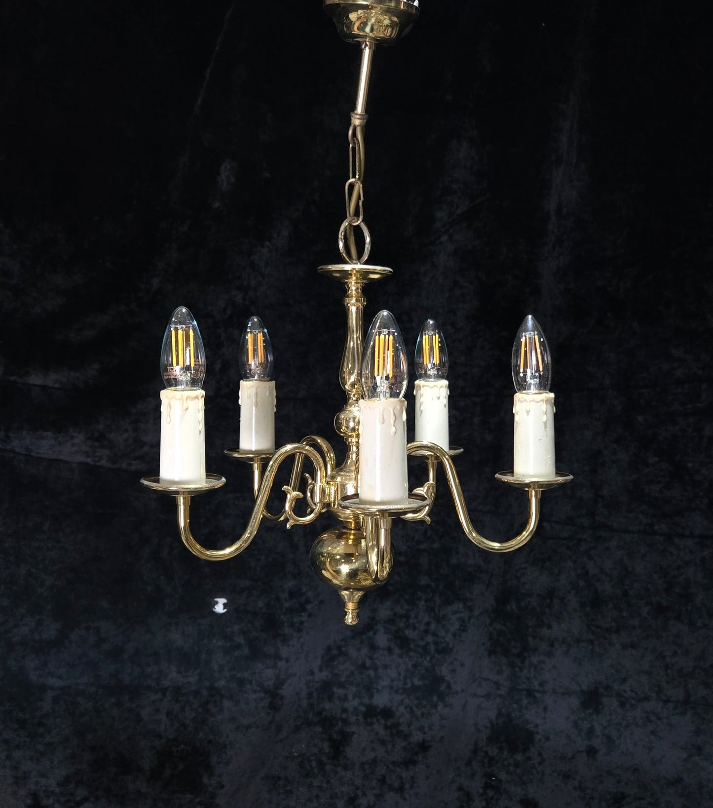 Classical Vintage Small 5 Arm Polished Brass Flemish Chandelier Ceiling Light
