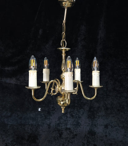 Classical Vintage Small 5 Arm Polished Brass Flemish Chandelier Ceiling Light