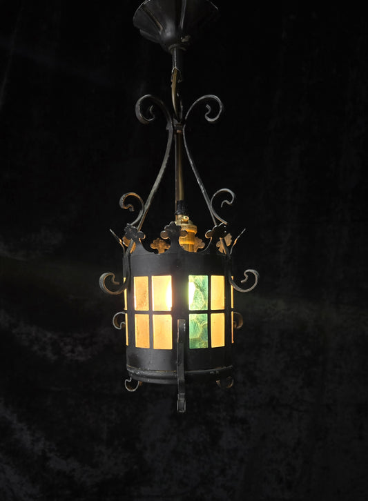 Lovely Petite Vintage French Wrought Iron Gothic Coloured Glass Lantern Light