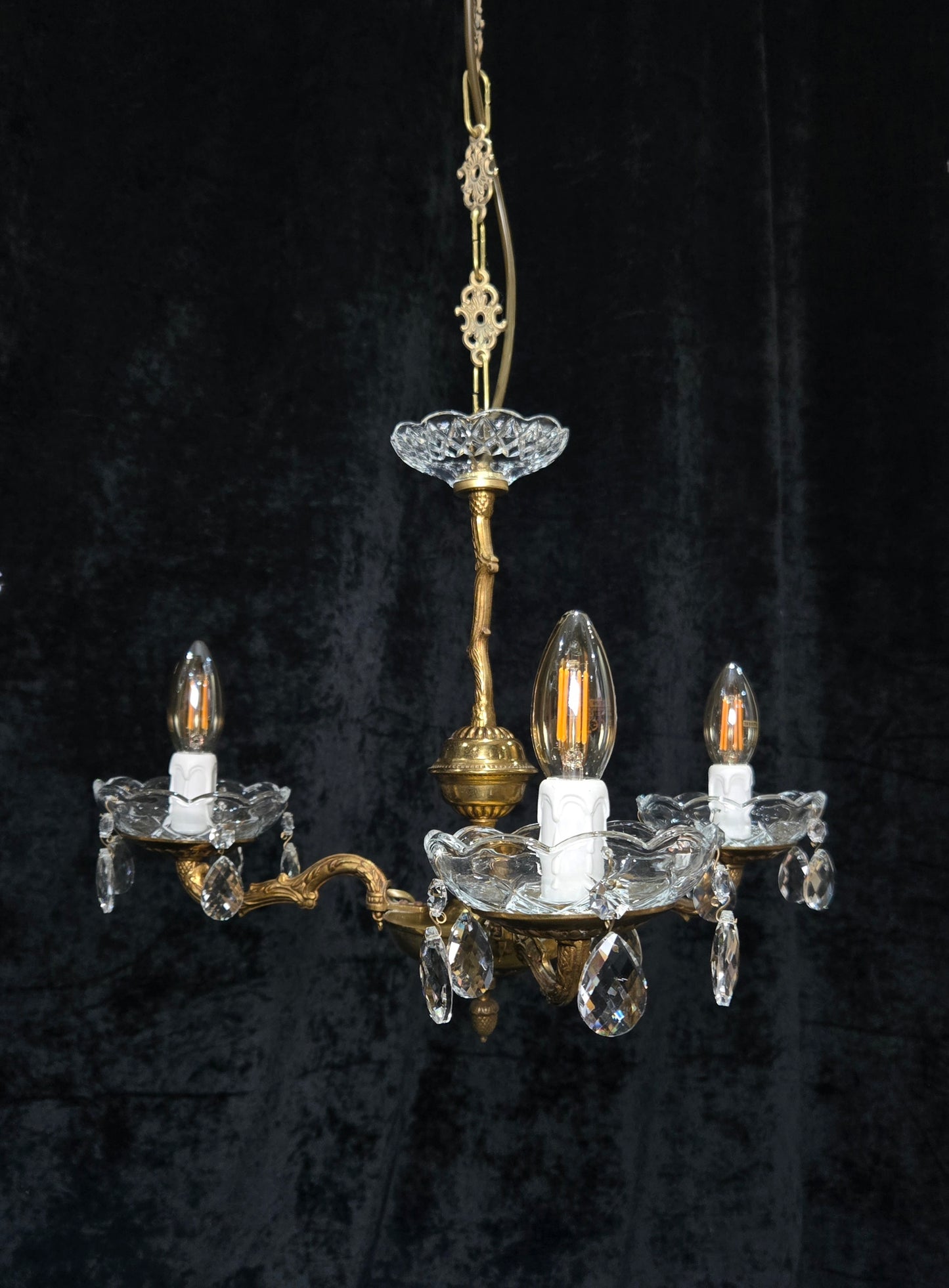 Lovely Vintage French 3 Arm Brass Foliage Crystal Chandelier Ceiling Light