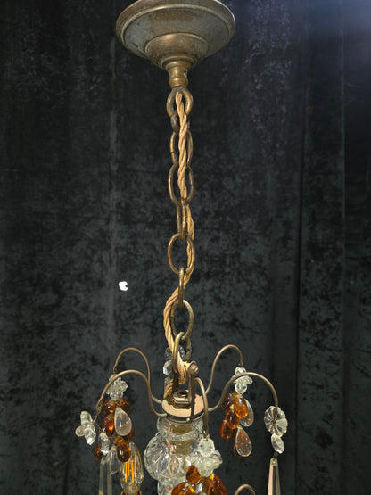 Fabulous Antique French 2 Arm Caged Murano Crystal Brass Chandelier Light