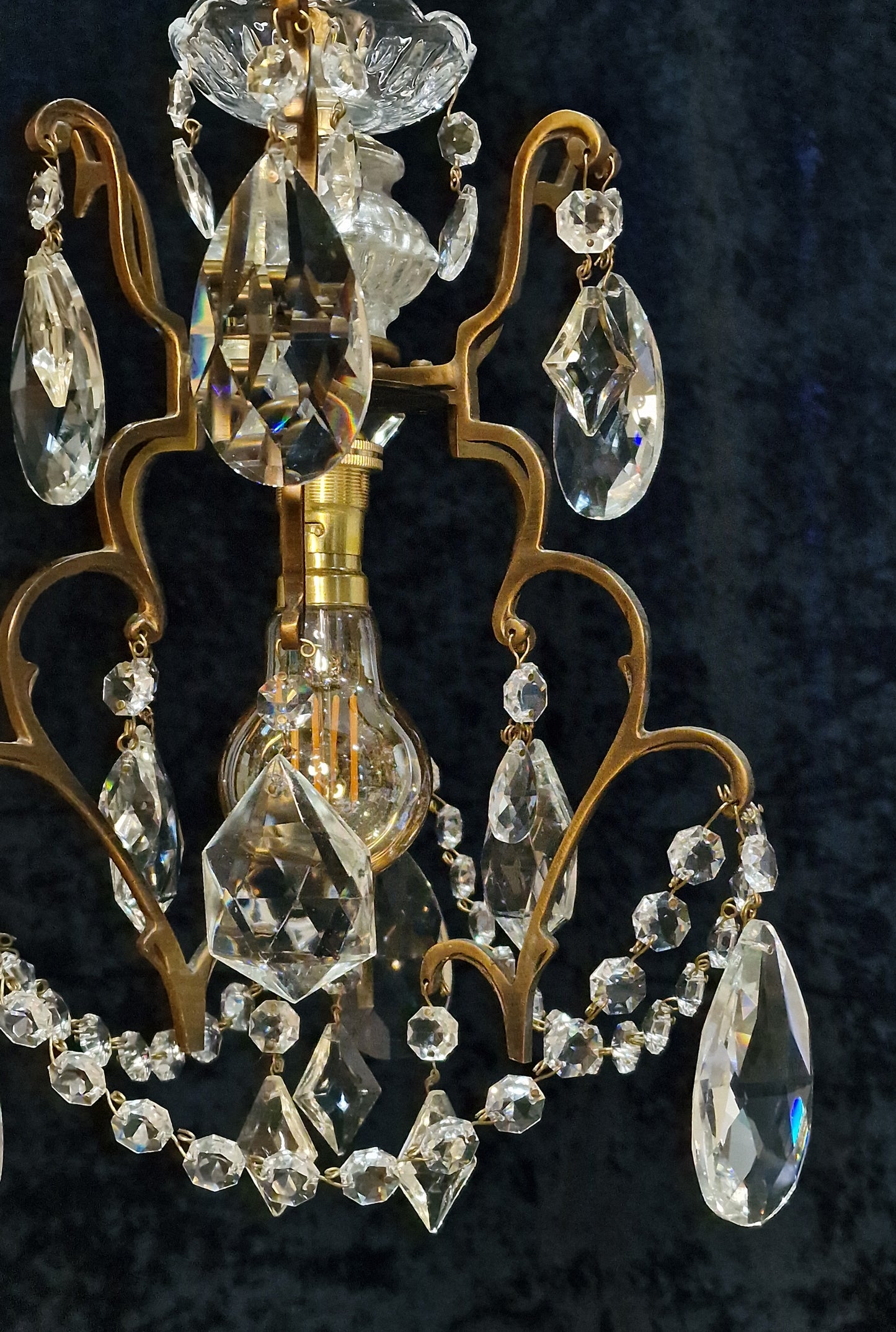 Lovely Petite Vintage French 1 Light Caged Brass Crystal Glass Chandelier