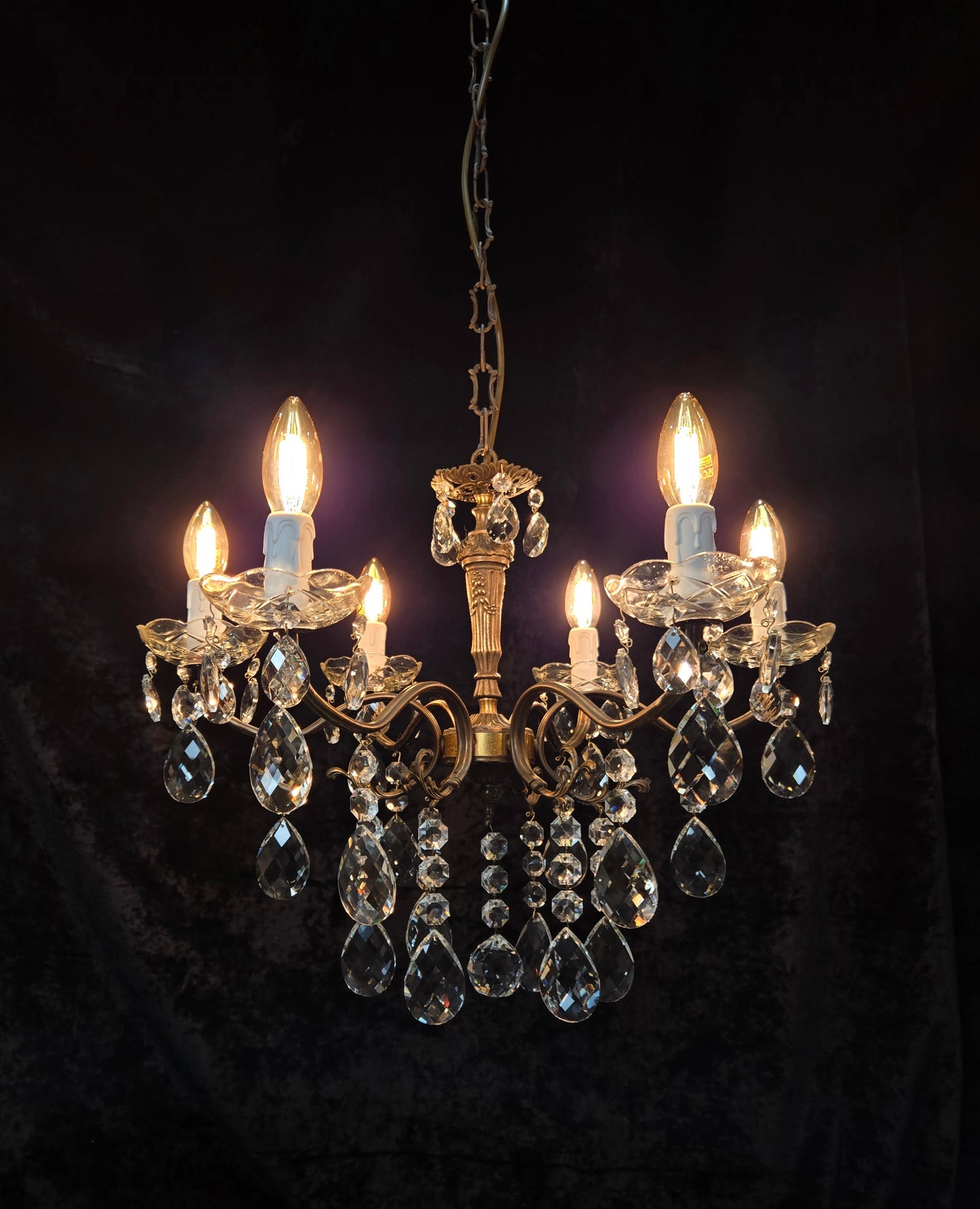 Traditional Vintage French 6 Arm Brass Crystal Glass Chandelier Ceiling Light