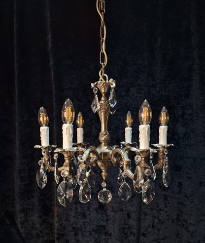 Beautiful Heavy Antique French Bronze Nickel Plated Crystal 6 Arm Chandelier