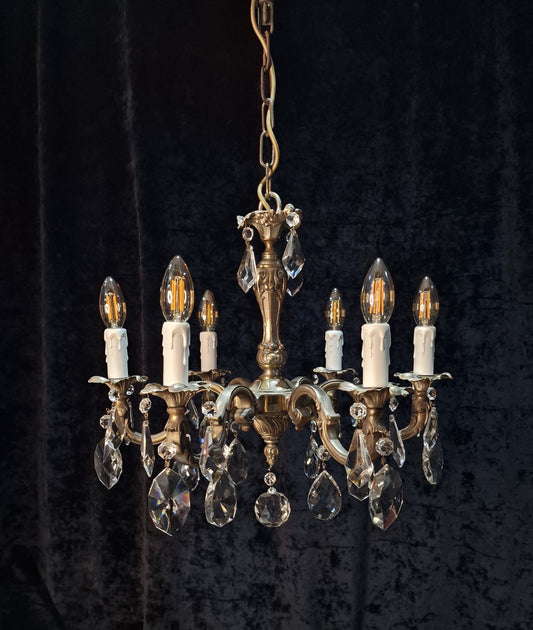 Beautiful Heavy Antique French Bronze Nickel Plated Crystal 6 Arm Chandelier