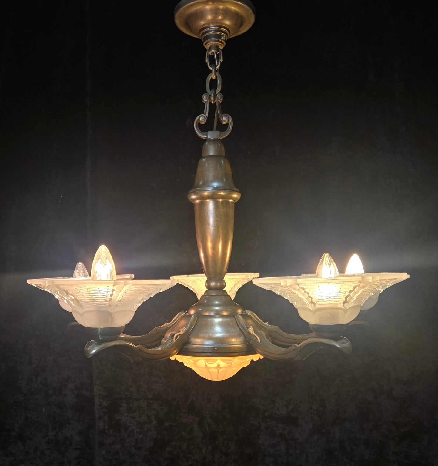 Large Antique French EZAN Art Deco 5 Arm 6 Light Brass Heavy Chandelier Light