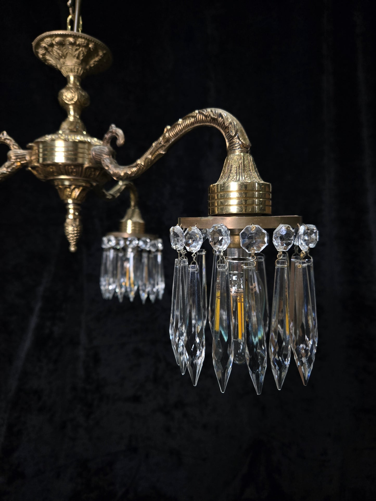 Lovely Vintage Italian 3 Arm Brass Crystal Chandelier Ceiling Light