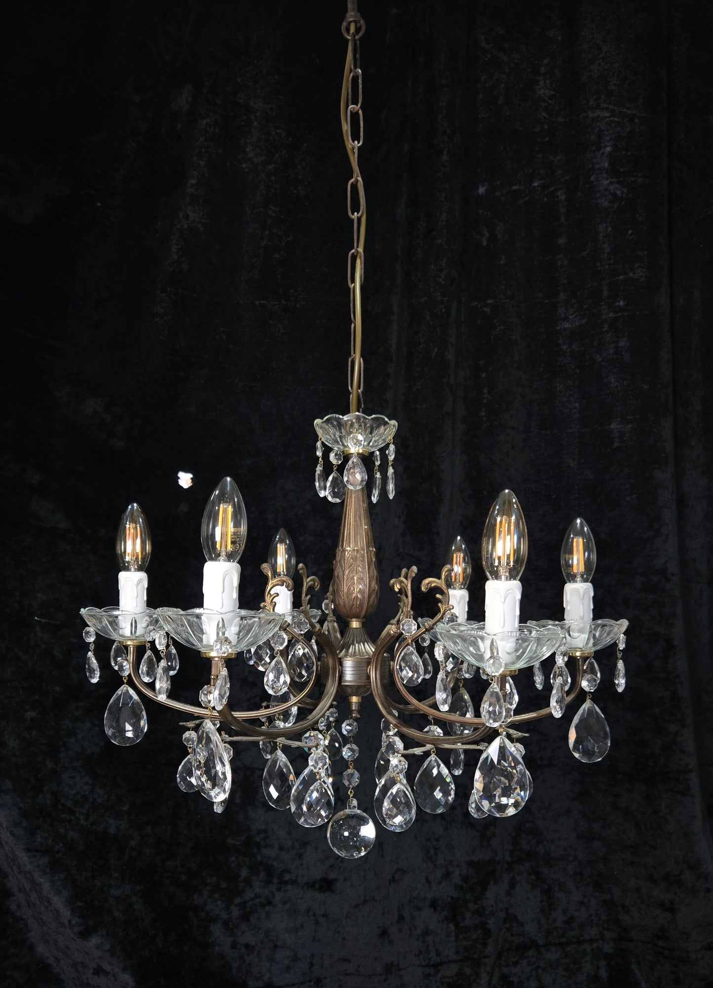 Beautiful Vintage Italian 6 Arm Brass Glass Crystal Chandelier Ceiling Light