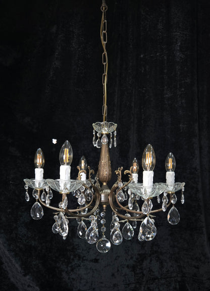 Beautiful Vintage Italian 6 Arm Brass Glass Crystal Chandelier Ceiling Light