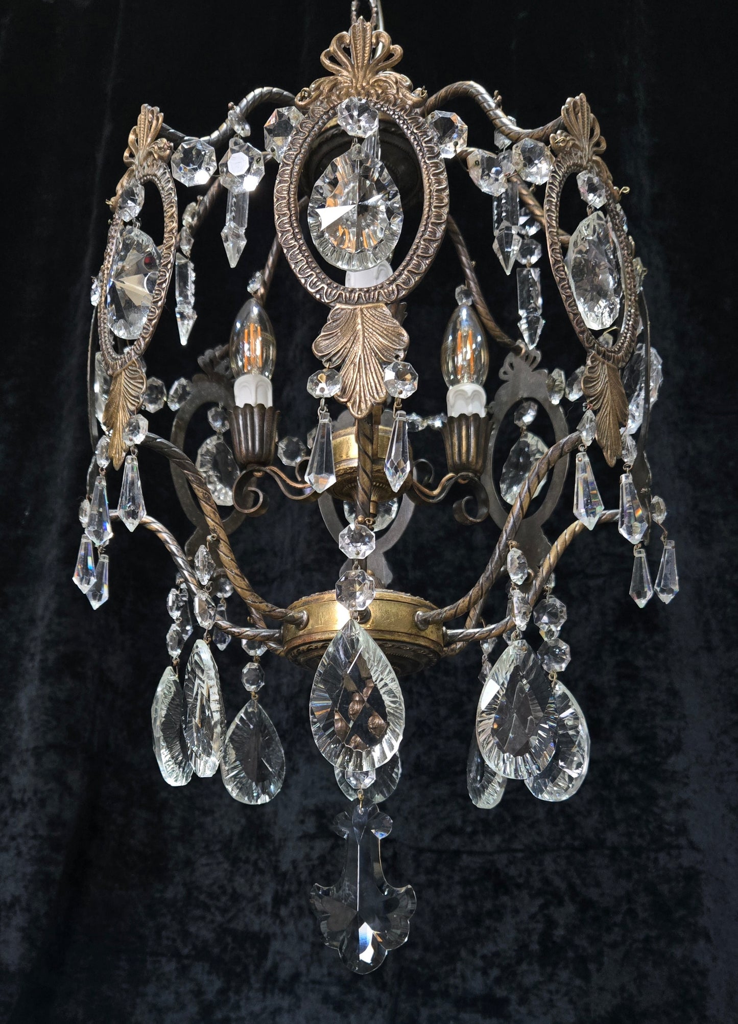 Elegant Vintage Italian Large 3 Arm Cage Crystal Brass Chandelier Ceiling Light