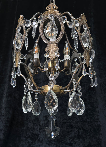 Elegant Vintage Italian Large 3 Arm Cage Crystal Brass Chandelier Ceiling Light