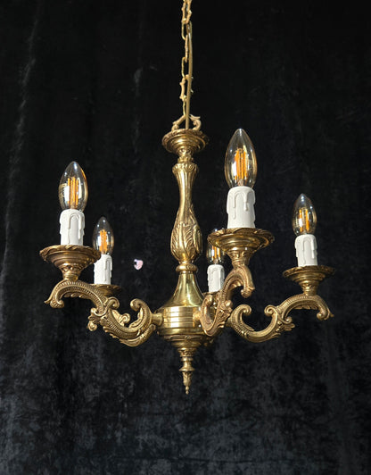 Classical Vintage French 5 Arm Brass Rococo Style Chandelier Ceiling Light