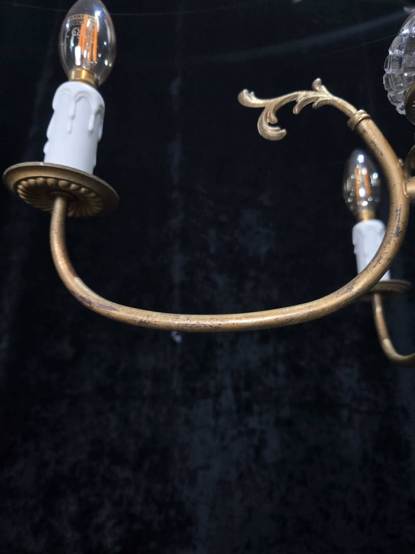 Classical Vintage French 4 Arm Lacquered Brass Crystal Chandelier Ceiling Light