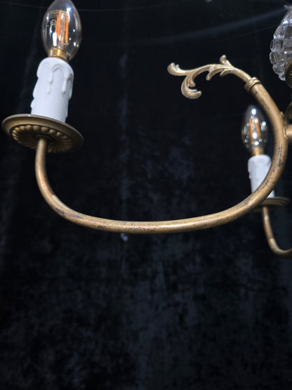 Classical Vintage French 4 Arm Lacquered Brass Crystal Chandelier Ceiling Light