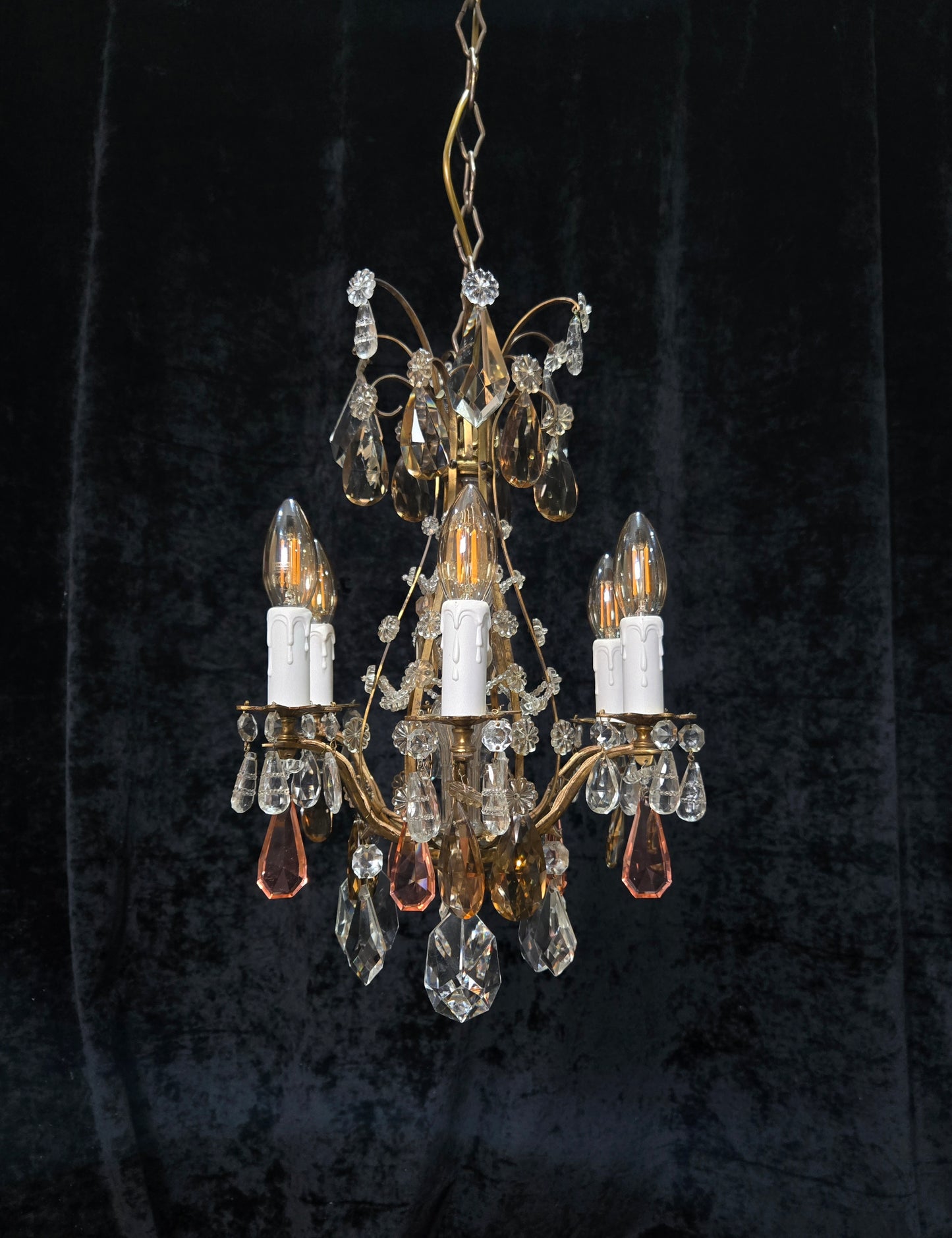 Beautiful Antique Italian 6 Arm Brass Crystal Cage Chandelier Ceiling Light