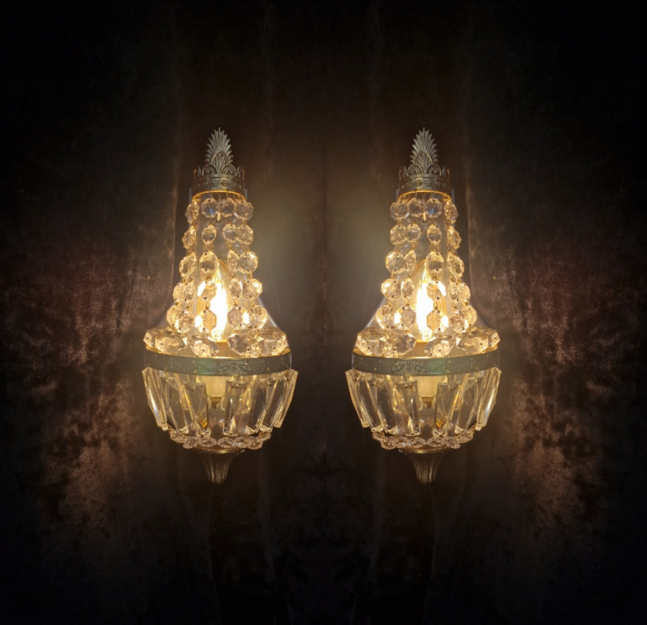 Gorgeous Pair of Vintage French Brass Crystal Montgolfiere Sconces Wall Lights