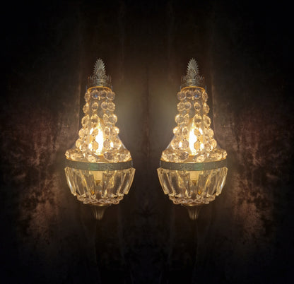 Gorgeous Pair of Vintage French Brass Crystal Montgolfiere Sconces Wall Lights