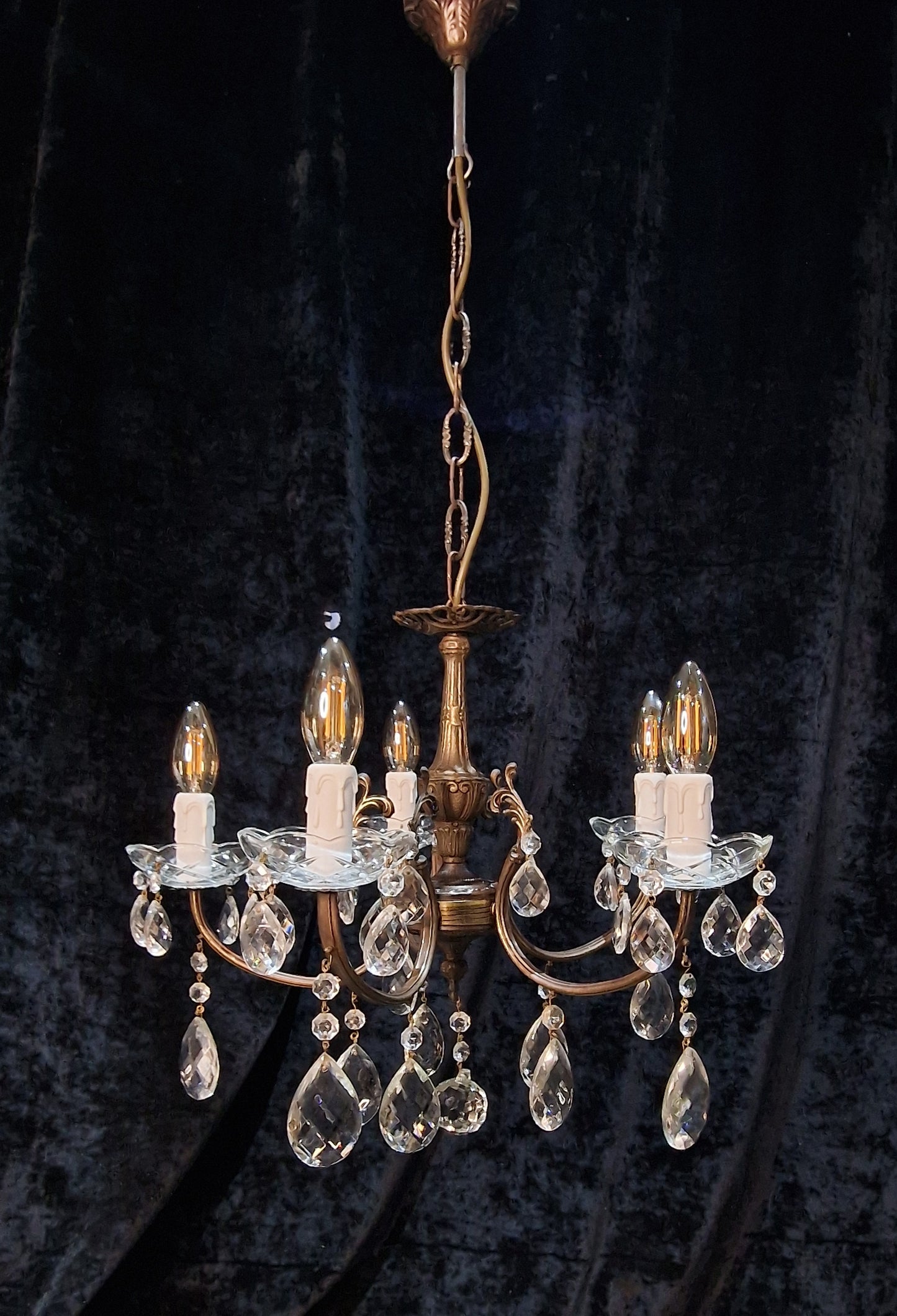Lovely Elegant Vintage Italian 5 Arm Brass Crystal Chandelier Ceiling Light