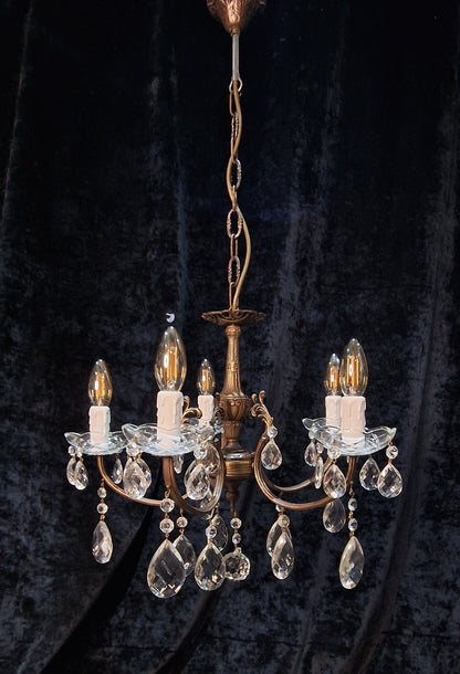 Lovely Elegant Vintage Italian 5 Arm Brass Crystal Chandelier Ceiling Light