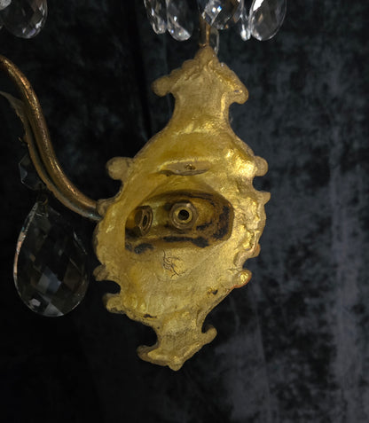 Gorgeous Pair of Vintage Italian 2 Arm Brass Crystal Candle Wall Lights Sconces
