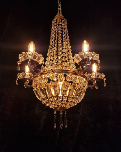 Traditional Antique French 5 Arm 6 Light Crystal Brass Montgolfiere Chandelier