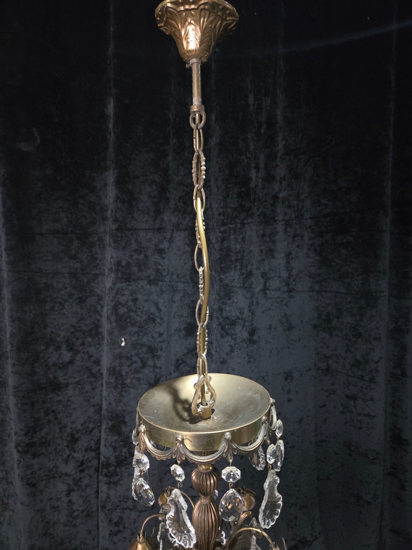 Beautiful Vintage Italian Brass 3 Light Crystal Bag Bows and Roses Chandelier