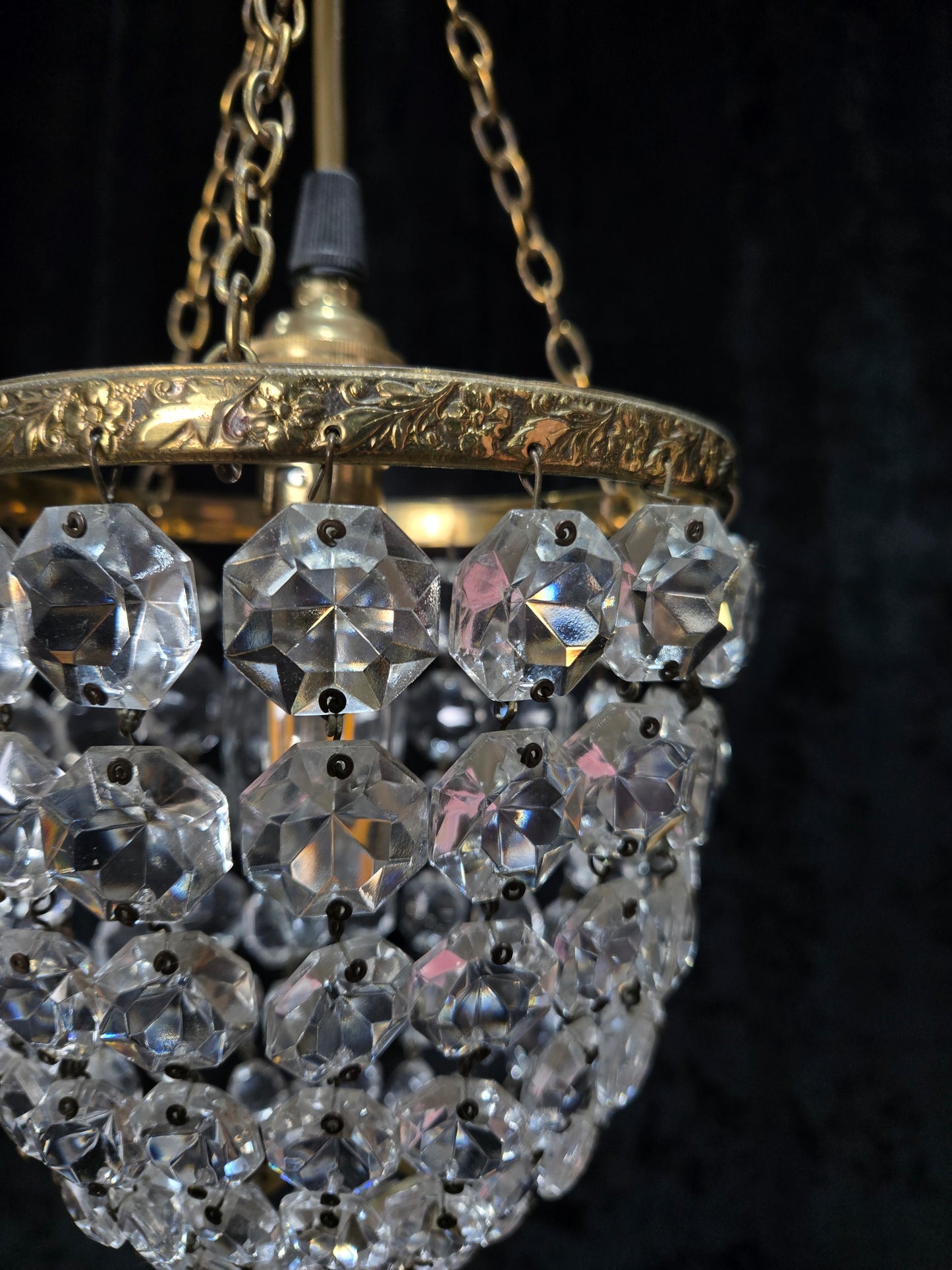Petite Antique French Crystal Half Bag Brass 1 Light Chandelier Ceiling Light
