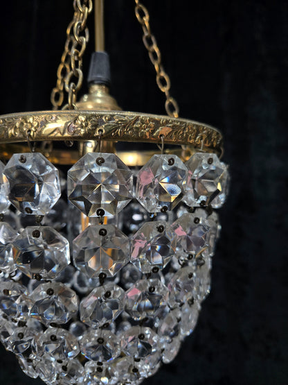 Petite Antique French Crystal Half Bag Brass 1 Light Chandelier Ceiling Light